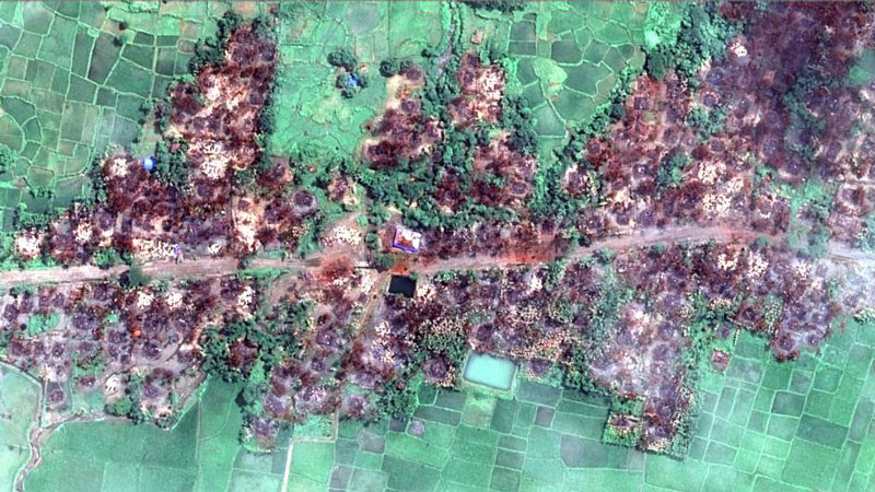 DG-image New satellite imagery obtained by Human Rights Watch shows the complete destruction of the village of Chein Khar © 2017 DigitalGlobe supplied by European Space Imaging