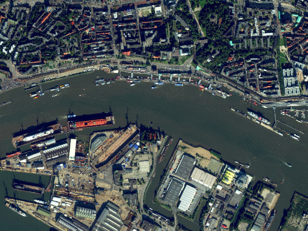 Port facilities in Hamburg, Germany imaged by WorldView-2, 3 Oct 2015.