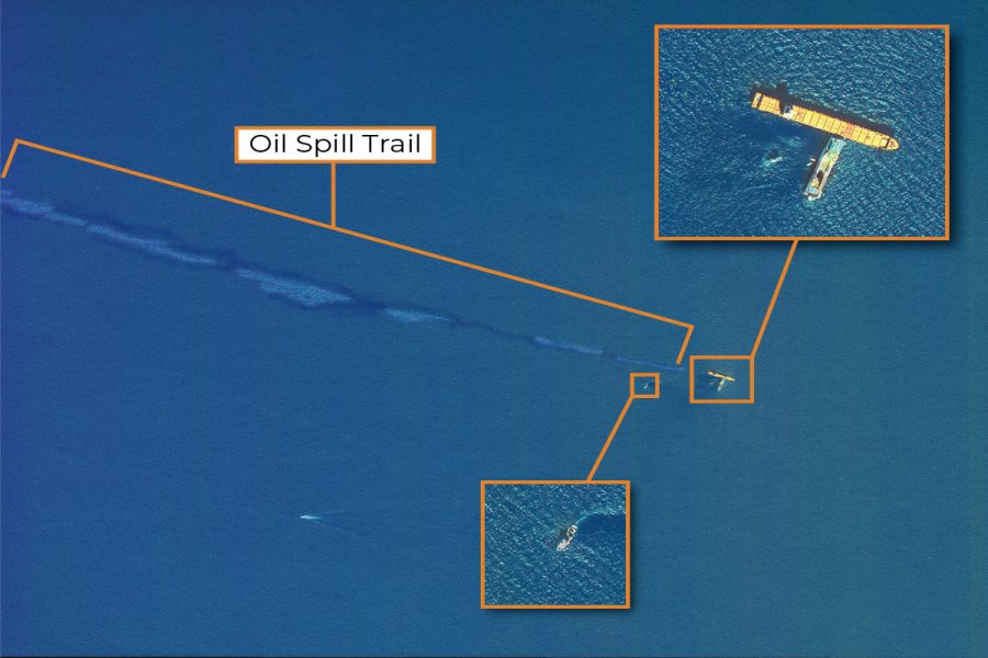 Corsica Oil Spill VHR satellite image used for emergency cleanup up operations after naval accident and oil spill off the coast of Corsica in 2019.