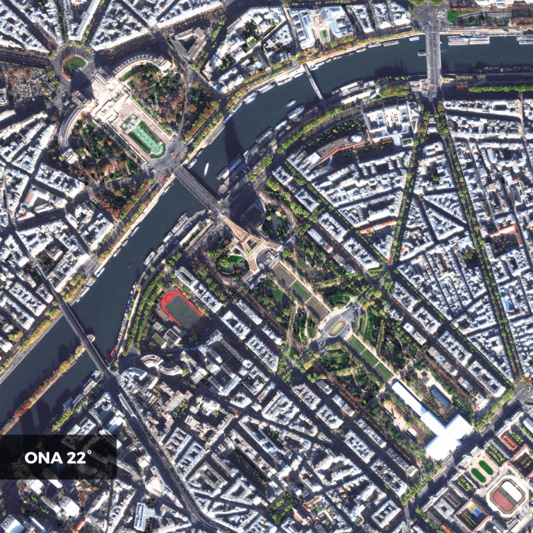 Satellite image of the Eiffel Tower collected at 22° Off Nadir Angle