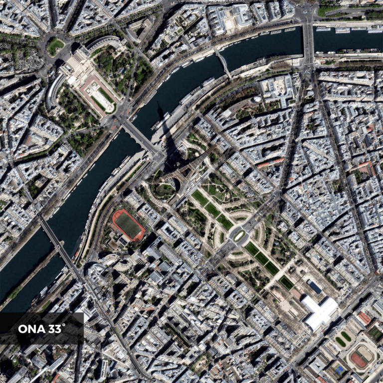Satellite image of the Eiffel Tower collected at 33° Off Nadir Angle