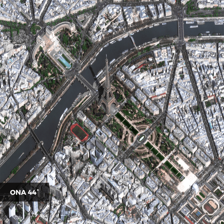 Satellite image of the Eiffel Tower collected at 44° Off Nadir Angle
