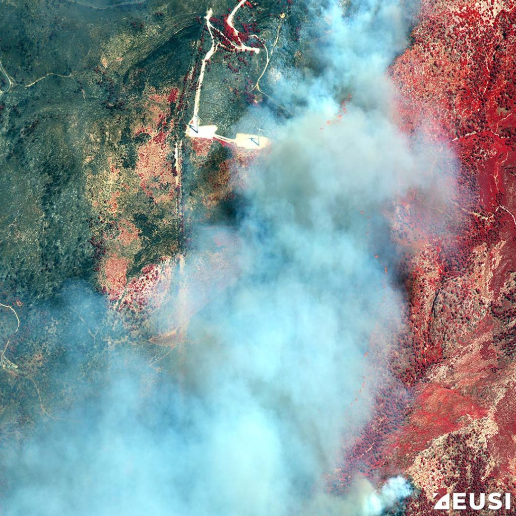 4 Band Capability (NIR1, R, G) Healthy vegetation is red, burnt vegetation is black/grey, and the smoke is slightly thinner and blue/green.