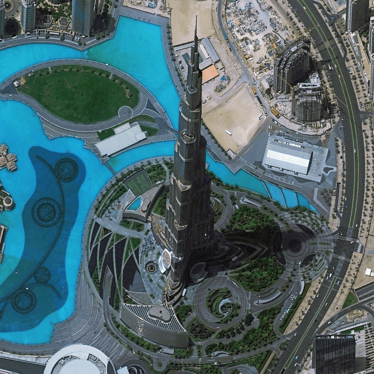 Satellite image of the Burj Khalifa tower collected at a high off nadir angle