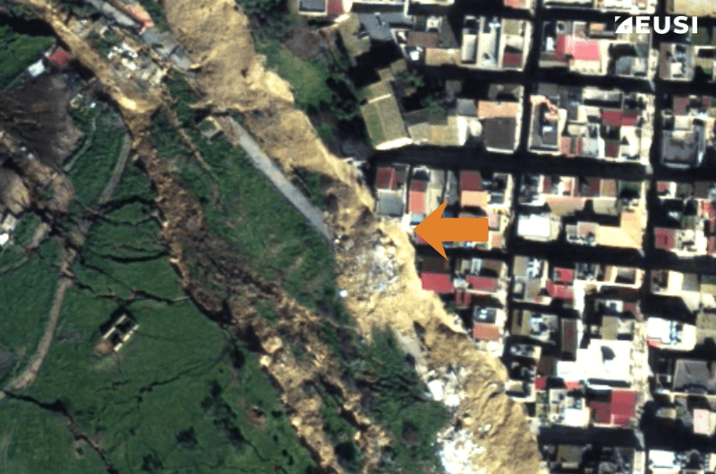Satellite image showing the collapse of a building in the Niscemi landslide