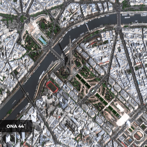 Satellite image of the Eiffel Tower visible from the side (44° ONA)
