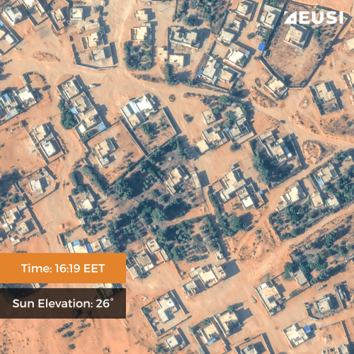 A very high resolution satellite image of a village in Libya at 16:19 EET, collected at 26° sun elevation.