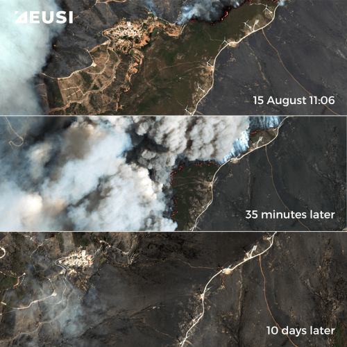 Comparison of three satellite images of the same area collected at different times: 15 August 11:06, 35 minutes later, and 10 days later.