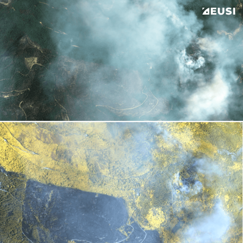 Comparison of two very high resolution satellite images: The first one is RGB and shows a forest with a lot of smoke; the second one is multispectral and shows the same scene but the smoke is less dense and you can see fire through it.