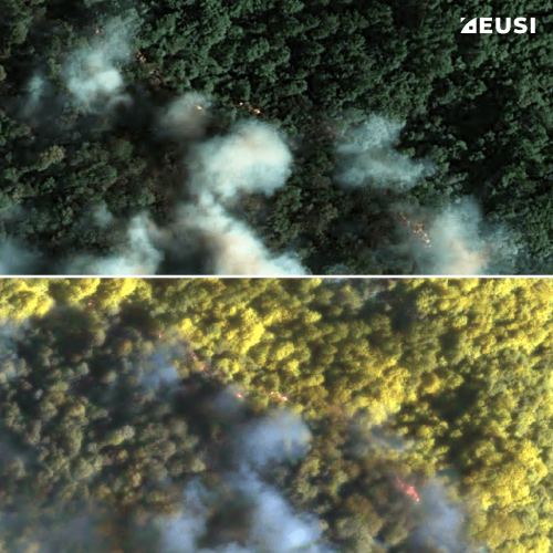 Comparison of two very high resolution satellite images: The first one is RGB and shows a forest with a lot of smoke; the second one is multispectral and shows the same scene but the smoke is less dense and you can see fire through it.