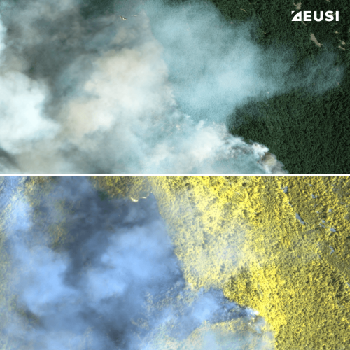 Comparison of two very high resolution satellite images: The first one is RGB and shows a forest with a lot of smoke; the second one is multispectral and shows the same scene but the smoke is less dense and you can see fire through it.