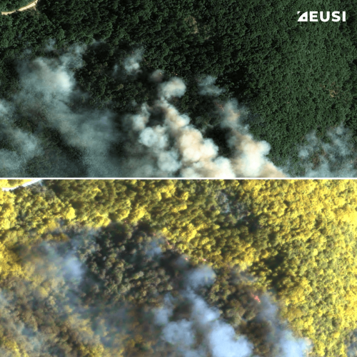 Comparison of two very high resolution satellite images: The first one is RGB and shows a forest with a lot of smoke; the second one is multispectral and shows the same scene but the smoke is less dense and you can see fire through it.