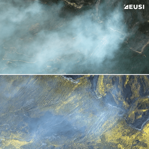 Comparison of two very high resolution satellite images: The first one is RGB and shows a forest with a lot of smoke; the second one is multispectral and shows the same scene but the smoke is less dense and you can see fire through it.