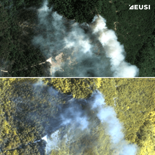 Comparison of two very high resolution satellite images: The first one is RGB and shows a forest with a lot of smoke; the second one is multispectral and shows the same scene but the smoke is less dense and you can see fire through it.