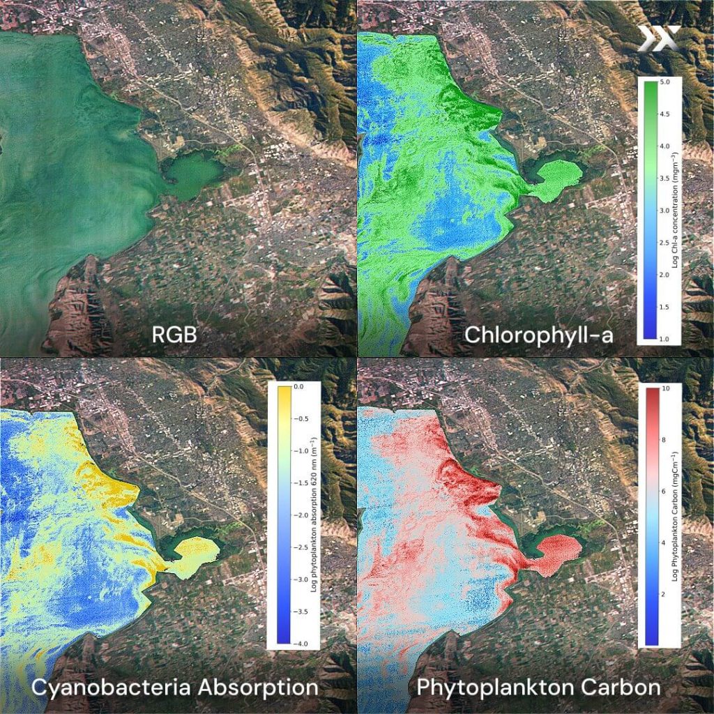 Comparison of an RGB image and 3 different hyperspectral images of a lake