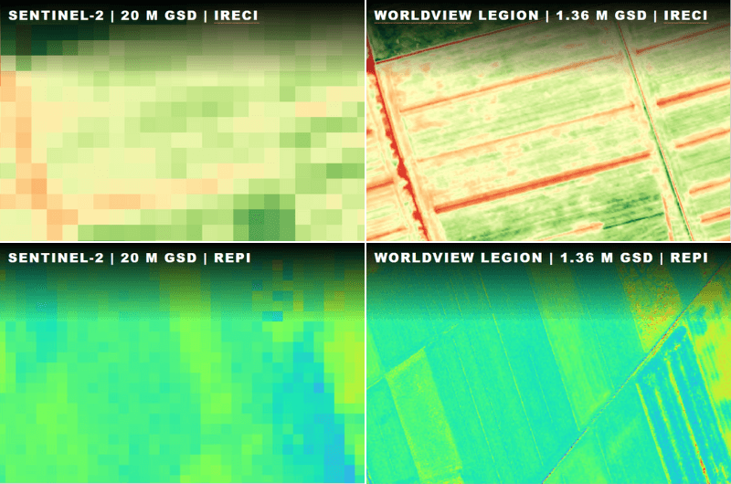 A comparison of Sentinel vs WorldView Legion imagery at its native resolution before pansharpening. Multispectral images from Legion can be further pansharpened to 30 cm.