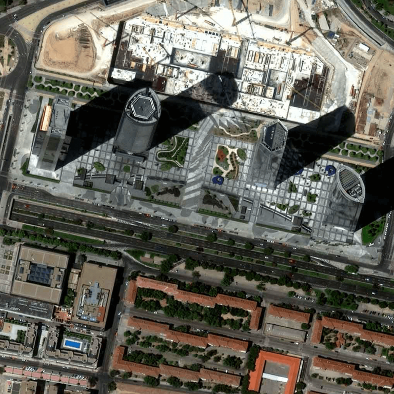 Satellite image ofMadrid skyscrapers collected at a high off nadir angle