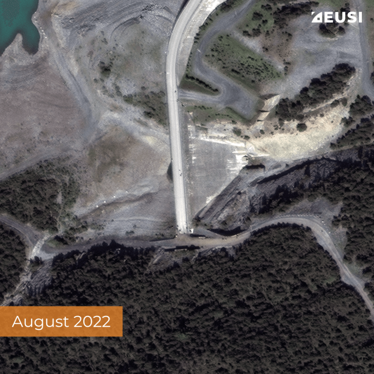 Satellite image of a dam in August 2022 with no water