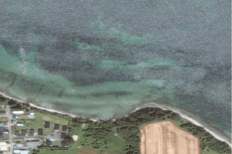 Satellite image of a coast with sun glint (reflections) over the water