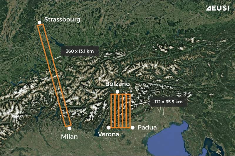 A map showing large satellite imagery strips over Europe