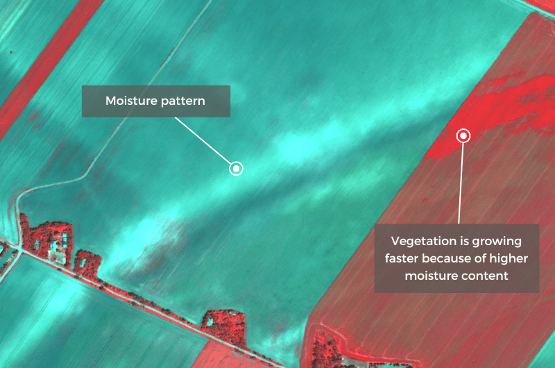 Multispectral satellite image of an agricultural field showing a moisture pattern where vegetation grows faster