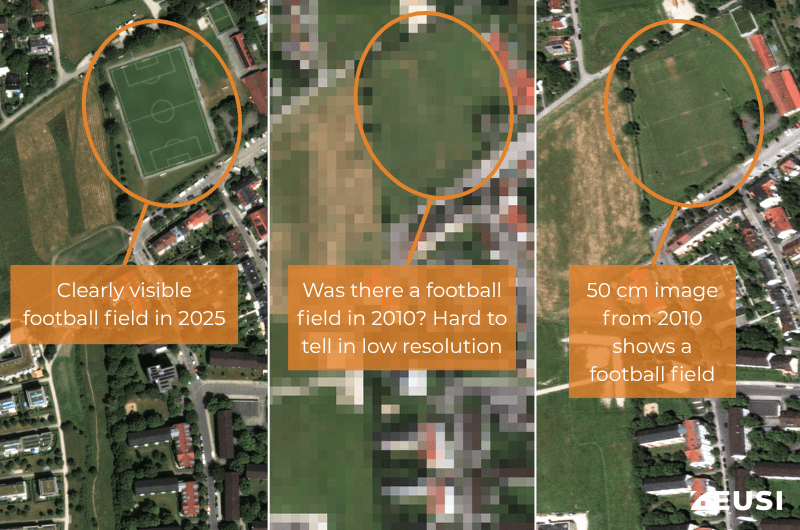 Comparison of a low resolution vs very high resolution satellite image from 2010 to identify a football field