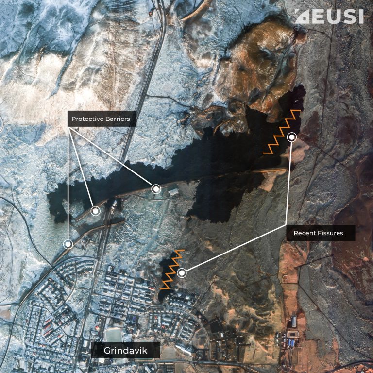 Annotated satellite image of Grindavik after a volcano eruption