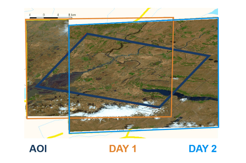 The Collection Planner uses the opportunity to reduce clouds with an overlap. The resulting image has a 2% cloud cover, which exceeds requirements.